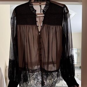 Anthropologie Black Sheer Lace-Trim Button-Front Blouse